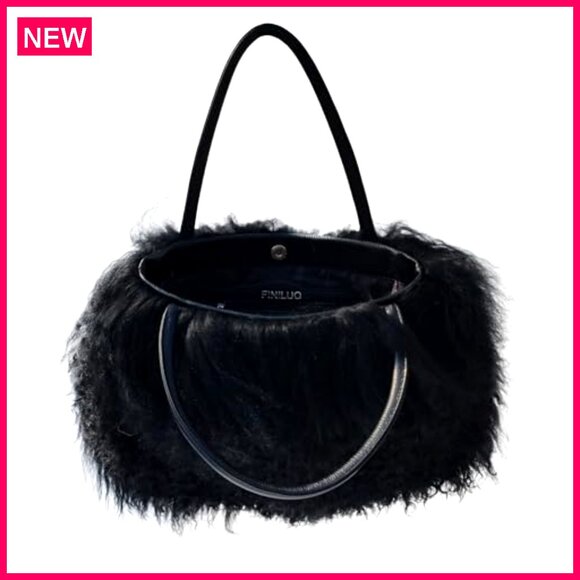 Luxury Real Lamb Mongolian Fur Shoulder Bag With Genuine Leather Handles - Picture 6 of 8